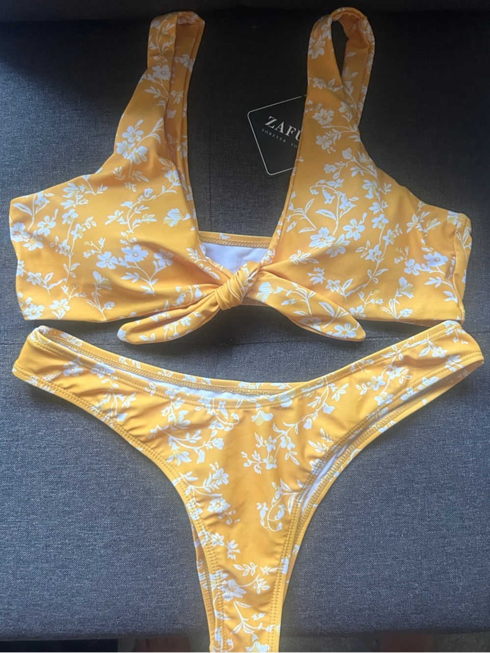 Zaful Yellow Floral Tie-Front Bikini Set